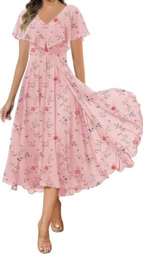 FYSGDYL Women's Elegant Vintage Floral Print Chiffon Flowy Ruffle Sleeves Tea Length Formal Wedding Guest Dress Floral Dusty Pink US0 | Amazon (US)