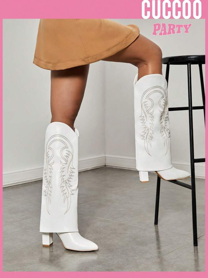 Cuccoo Party Collection Women Shoes Leaf Embroidered Point Toe Chunky Heeled Western Boots Valent... | SHEIN
