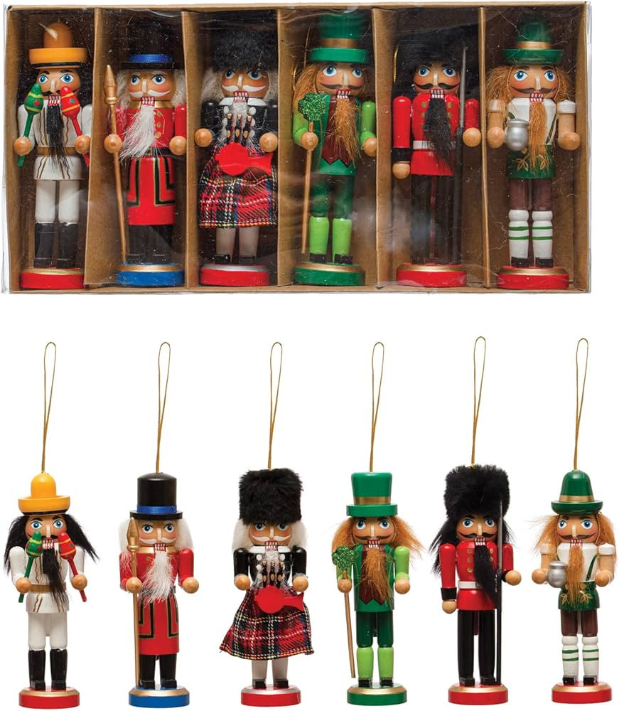 Creative Co-Op 5' H Pine Wood Nutcracker Ornaments, Multi Color, Boxed Set of 6 | Amazon (US)