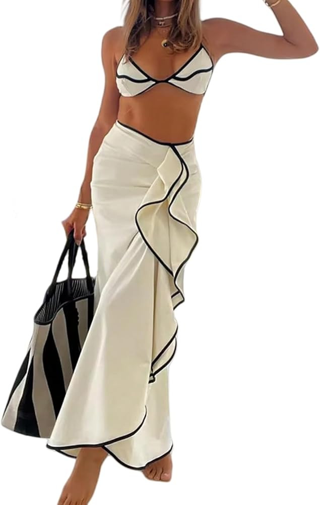 SHENHE Women's String Bikini Set 3 Piece Triangle Halter Colorblock Swimsuits with Cover Up Skirt | Amazon (US)