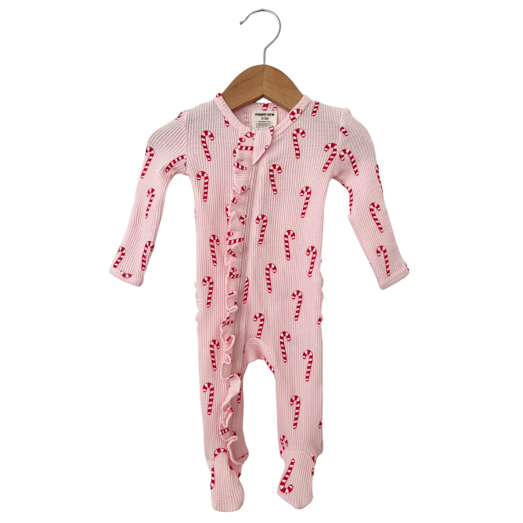 Organic Waffle Ruffle Zip Footie, Pink Candy Cane | SpearmintLOVE