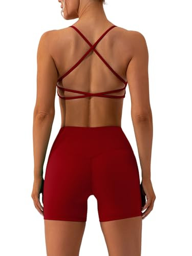 ABOCIW Workout Sets for Women Twist Front Backless Sports Bra High Waist Biker Shorts 2 Piece Gym Yoga Outfits W-Cherry Red Large | Amazon (US)