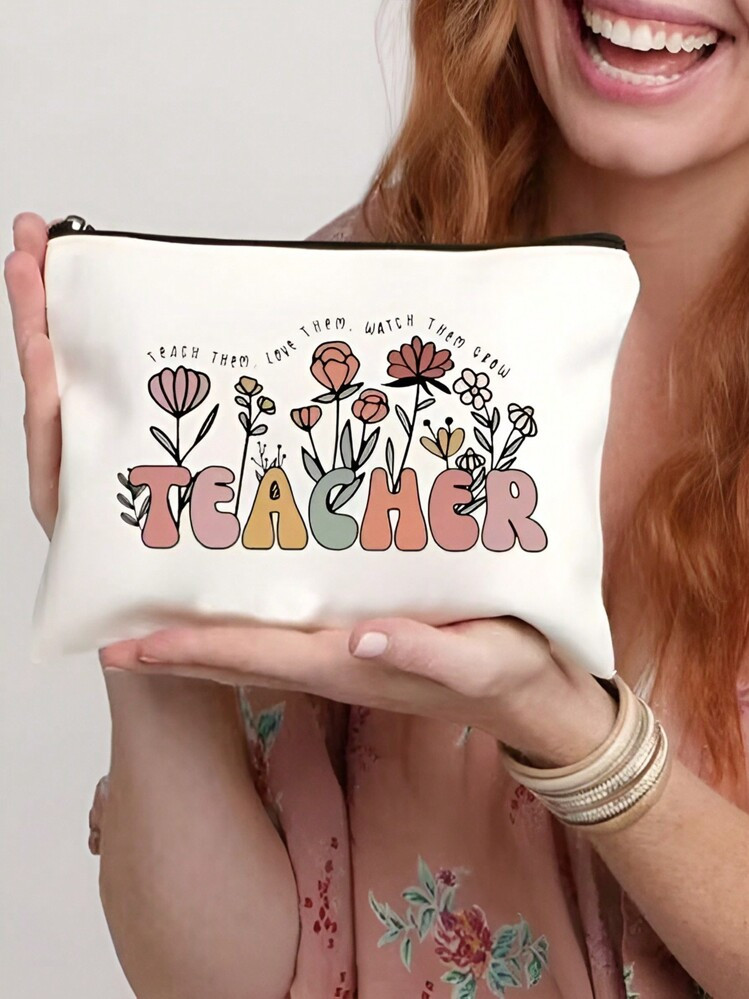 1pc Teacher Gifts, To Best Teacher Ever Letter Print Makeup Bag, Gift Bag Zipper Bag For Travel, Lightweight Storage Bag, Coin Purse, Zipper Clutch Pouch, Pouch Bags Cosmetics Bag Makeup Storage Bag Beauty Bag Makeup Bag Back To School Supplies | SHEIN