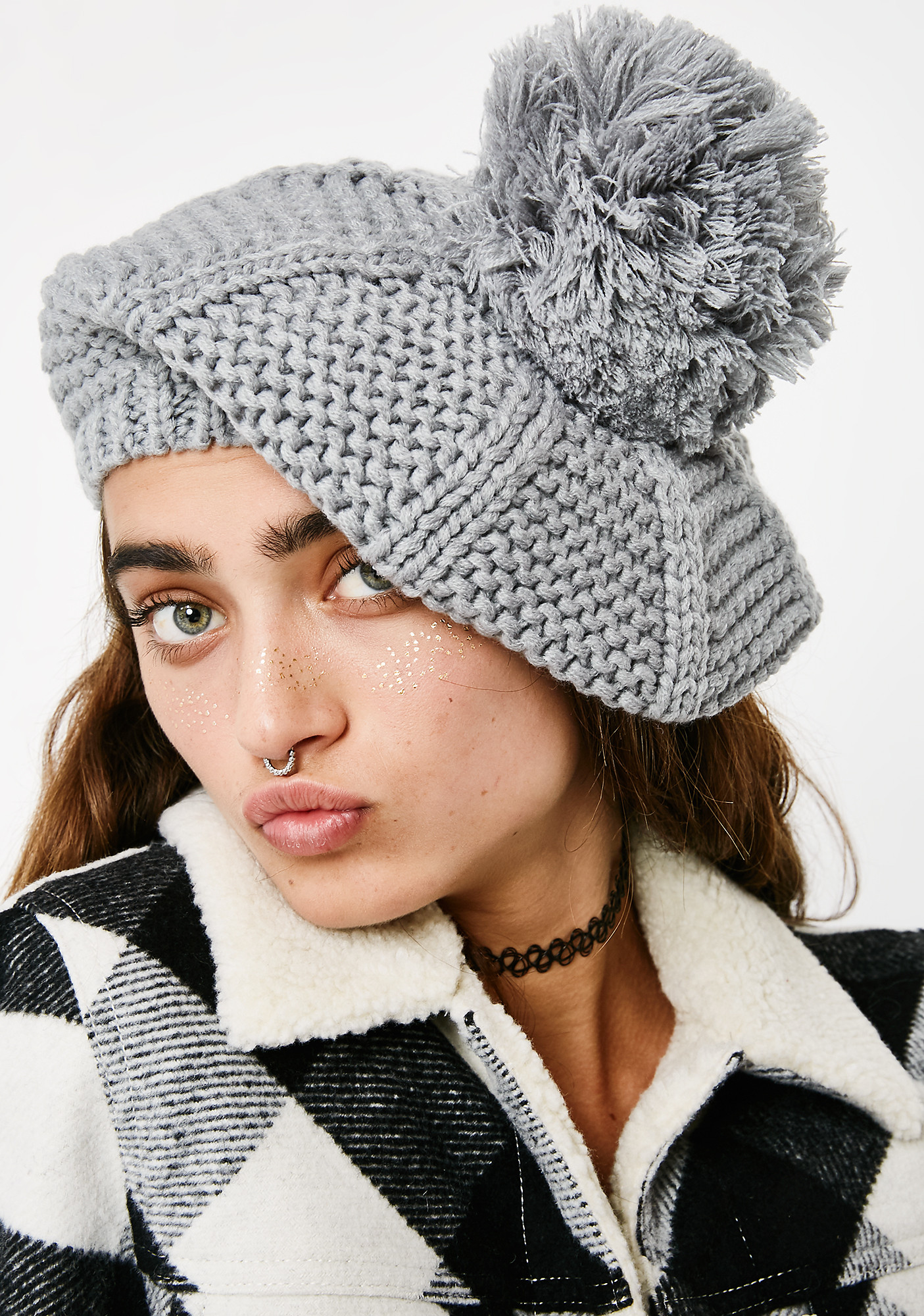 Slouchy Knit Pom Pom Gray Beanie | Dolls Kill