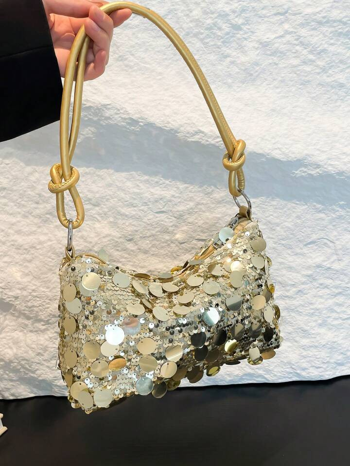 1pc Gold-Tone Glittery Crescent Moon Shape PVC Shoulder Bag For Women | SHEIN