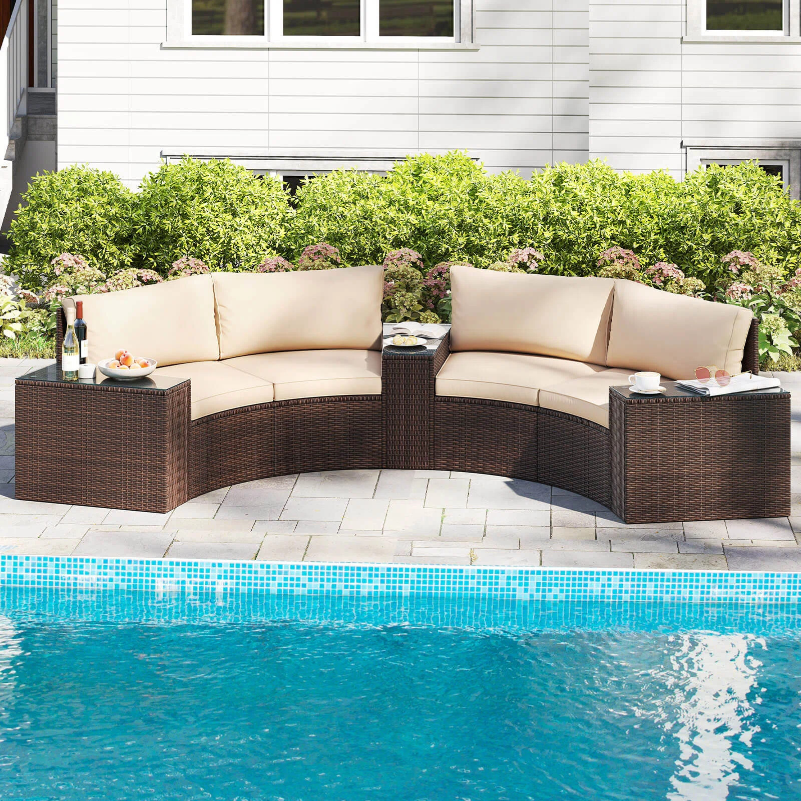 5 Pcs Patio Furniture Set With Tempered Glass Top Side Tables Back & Seat Cushions | Wayfair North America