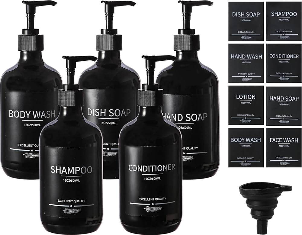 (5Pack) Black Shower Bottles Refillable with Labels, 16.9oz Reusable Shampoo and Conditioner Bott... | Amazon (US)