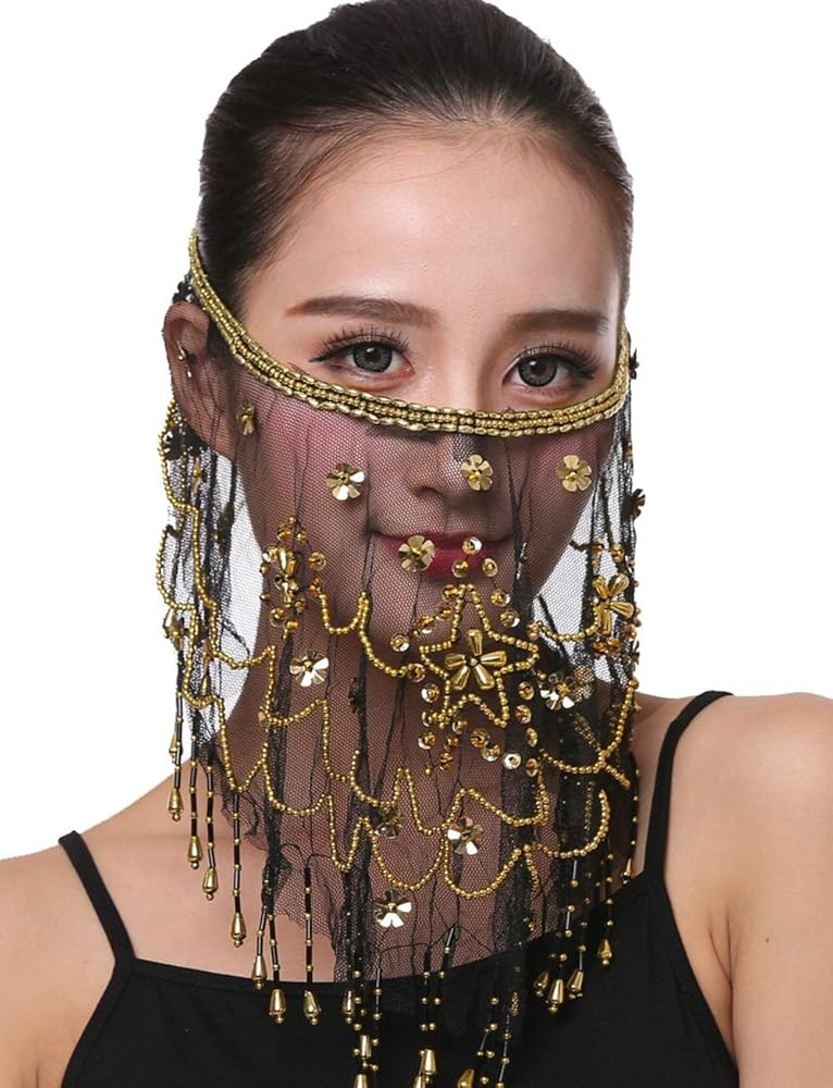 Lauthen.S Women Belly Dance Face Veil with Beads Sequins Halloween Costume Accessory | Amazon (US)