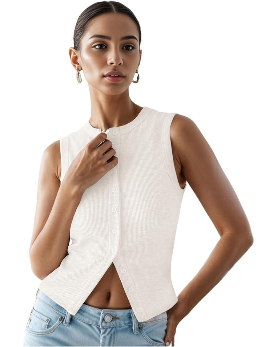 Women’s Button Down Tank Tops Ribbed Summer Vest Button Up Open Front Sleeveless Slim Fit Crop ... | Amazon (US)