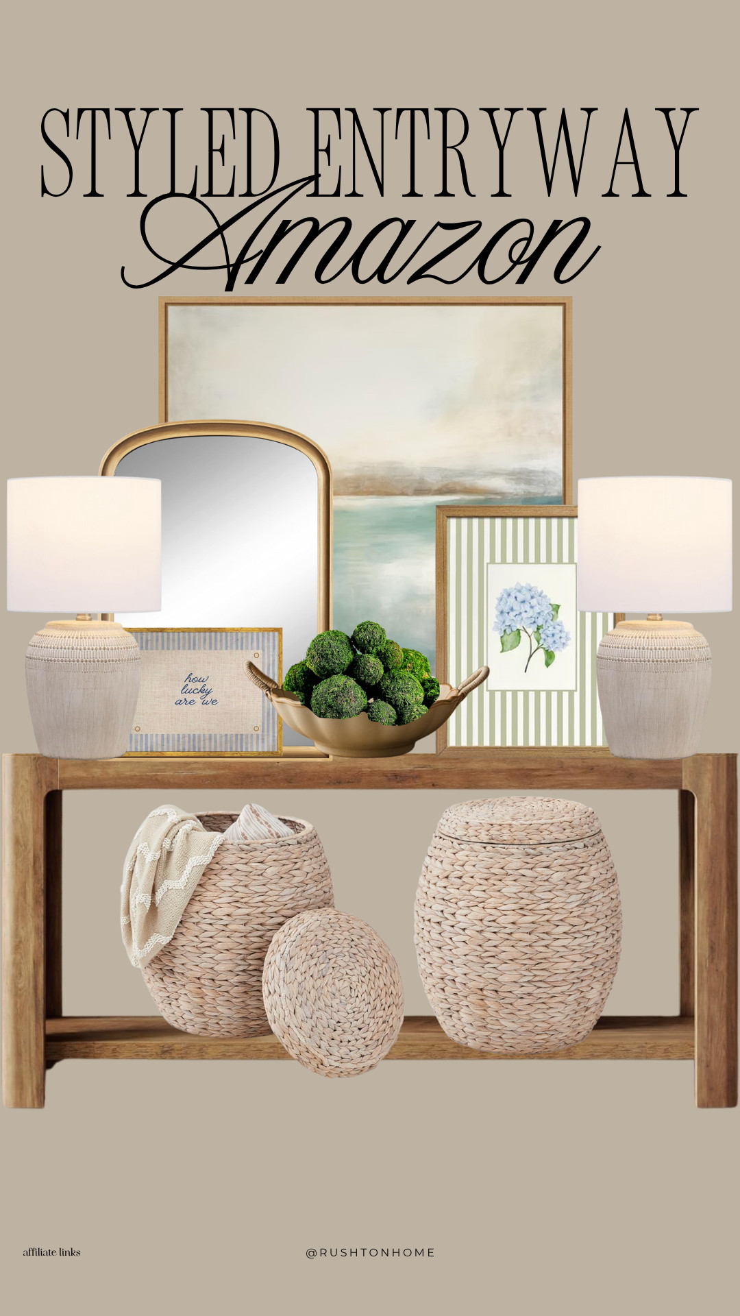 Styled Entryway Amazon, entryway decor, entryway table decor, console table styling, Amazon entryway finds, entryway mirror, table lamps, framed artwork, hydrangea wall art, decorative bowl centerpiece, faux boxwood spheres, woven baskets, storage baskets, neutral entryway decor, modern traditional entryway, foyer decorating ideas, console table accessories, entryway organization, home entry styling, welcoming entryway, beige home decor, affordable home decor, Amazon home finds 

 #LTKSeasonal #LTKHome
