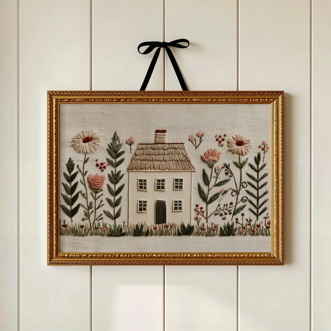 Faux-Embroidery Cottage Print: Whimsical Floral House Illustration (Digital Download) | Etsy (US)