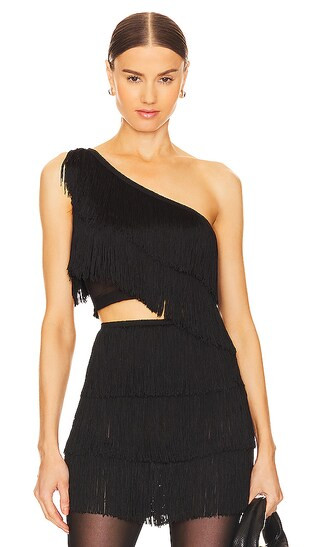 Spliced Cropped One Shoulder Fringe Top in Black | Revolve Clothing (Global)
