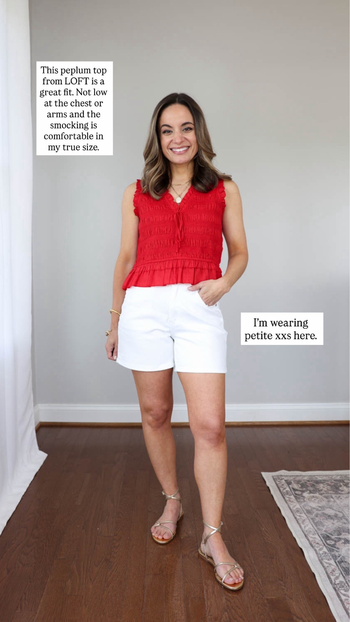 I heard you were looking for petite-friendly tops you can wear untucked!

Red top (LOFT): petite xxs 
White shorts (Quince): 24 
Sandals (Sam Edelman): true to size 

My measurements for reference: I’m 4’10” and 105lbs. My bust, waist, and hip measurement is 32”, 24”, and 36”.