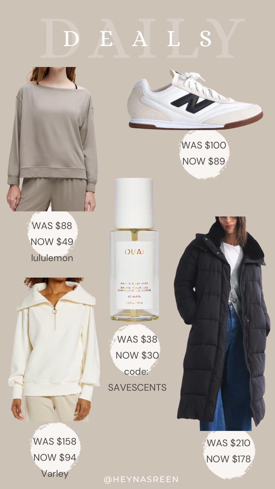Daily deals on lululemon shirt, New Balance sneakers, Ouai body & hair mist, Abercrombie long puffer jacket, Varley pullover 