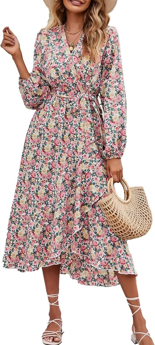 PRETTYGARDEN Women's Long Sleeve Vintage Wrap Dress Floral Print V-Neck Maxi Dresses with Belt | Amazon (US)