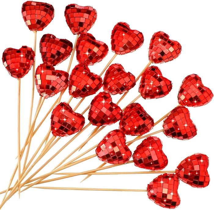 Chengu 50 Pcs Valentines Red Heart Cocktail Picks with Mirror Disco Ball 4.7 Inch Red Glitter Too... | Amazon (US)