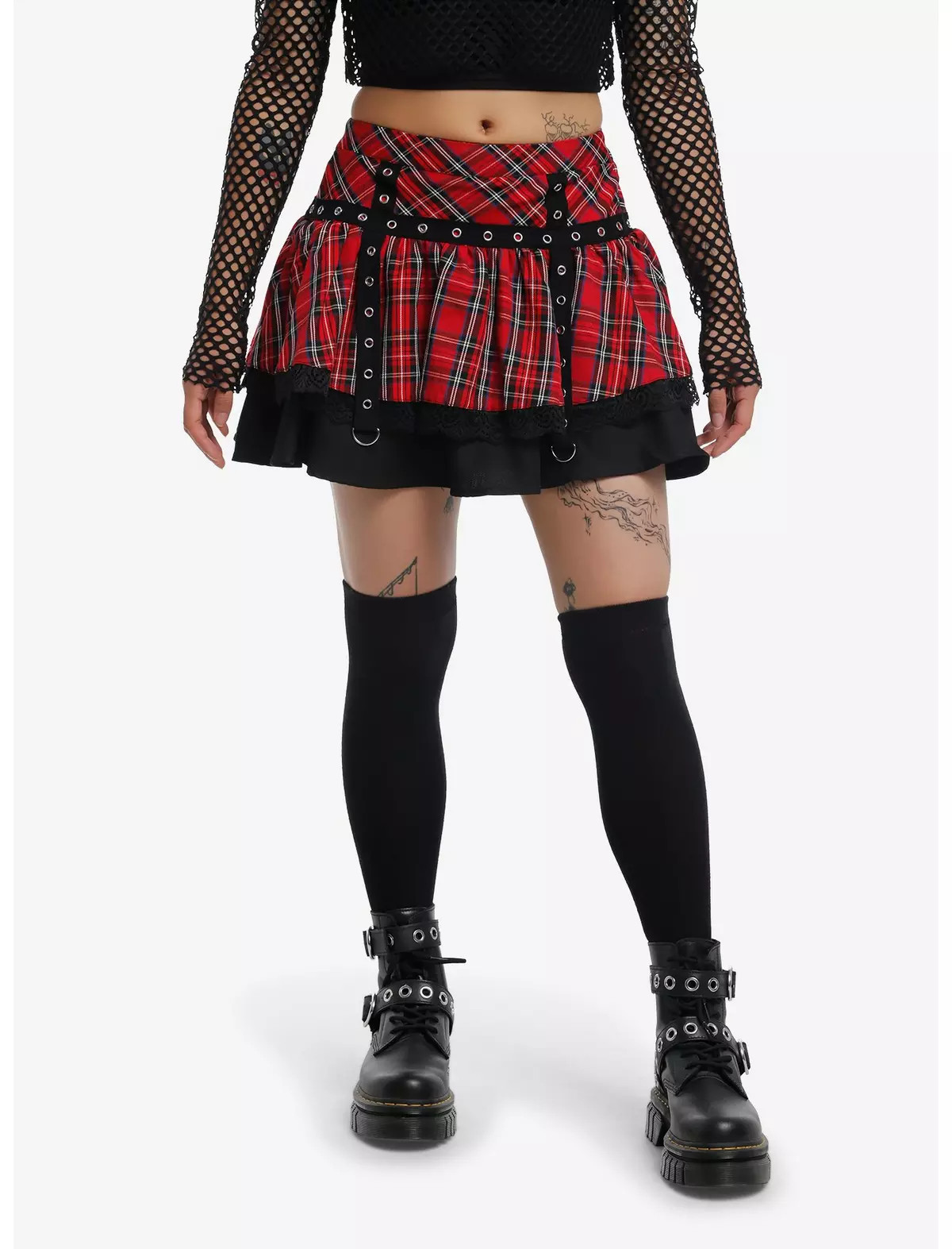 Social Collision Red Plaid Black Grommet Tiered Skirt | Hot Topic | Hot Topic