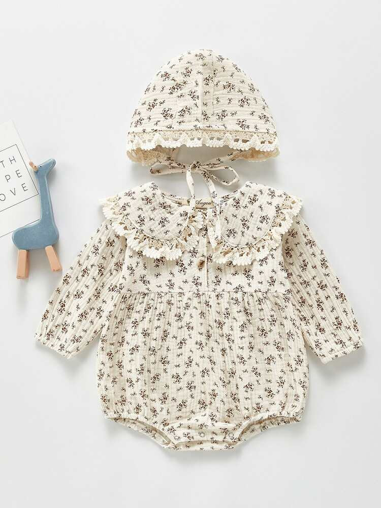 Baby Statement Collar Ditsy Floral Guipure Lace Trim Bodysuit & Hat | SHEIN