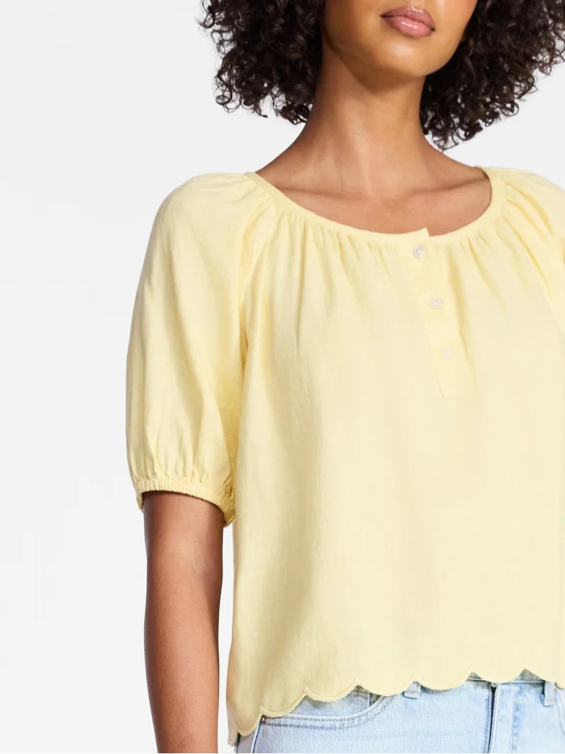 Time and Tru Women's Linen Blend Blouse with Scalloped Hem, Sizes XS-XXXL | Walmart (US)