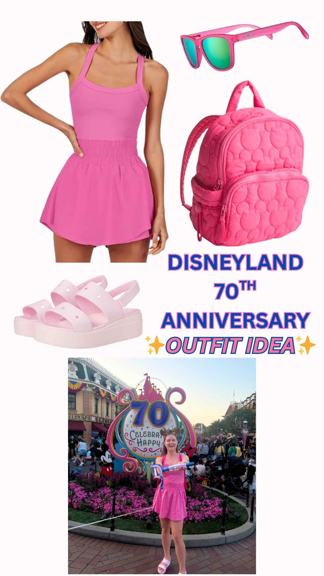 Disneyland 70th Outfit Idea! I loved wearing this pink romper and the croc wedges! The Vera Bradley Mickey backpack was perfect to hold Disney park essentials! The outfit follows the colors of the 70th Celebration! Each outfit accessory comes in a variety of colors !

Travel Outfit 

#LTKTravel #LTKFindsUnder100 #LTKItBag