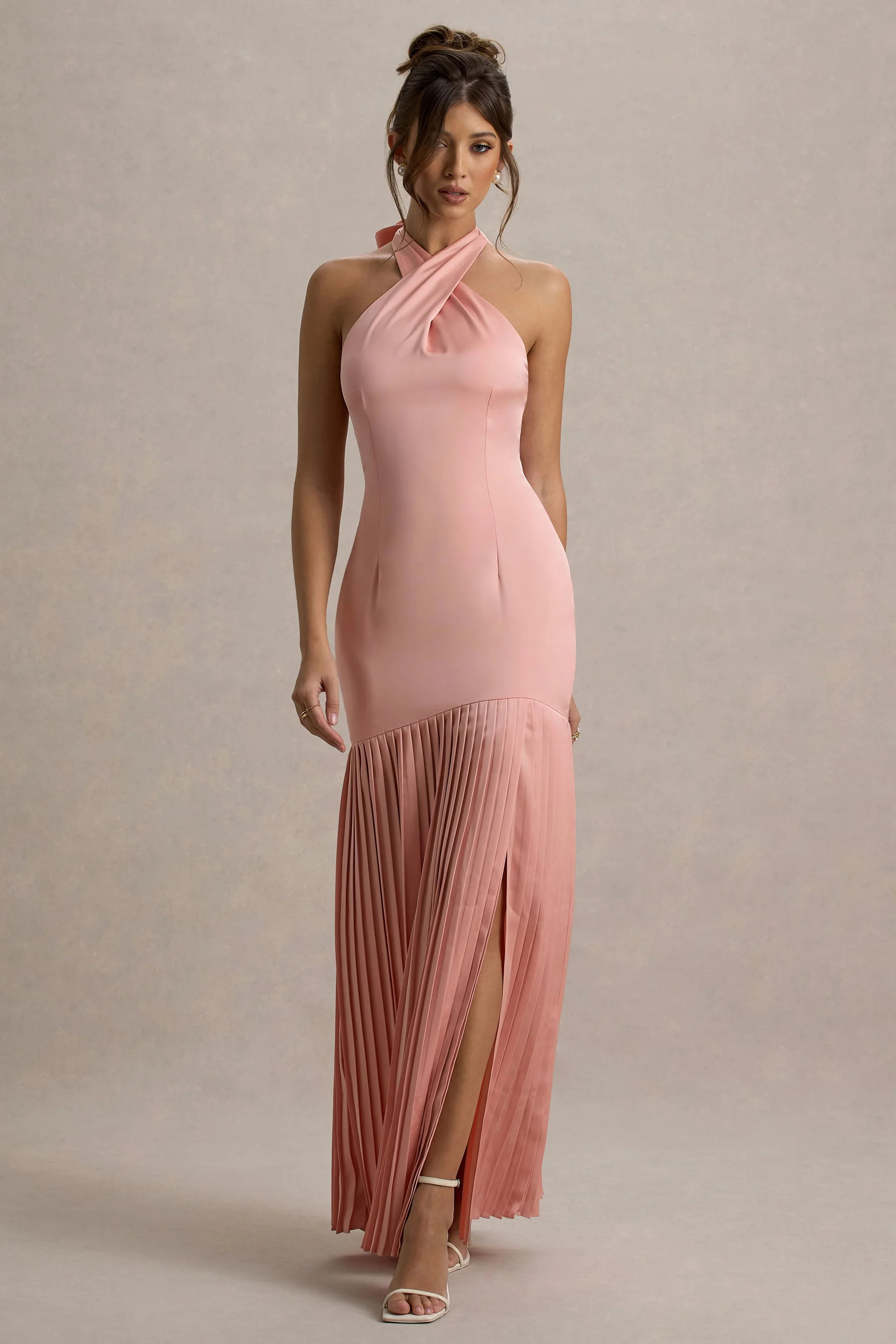 Sansa  Light Pink Satin Cross Halter-Neck Plisse Maxi Dress | Club L London