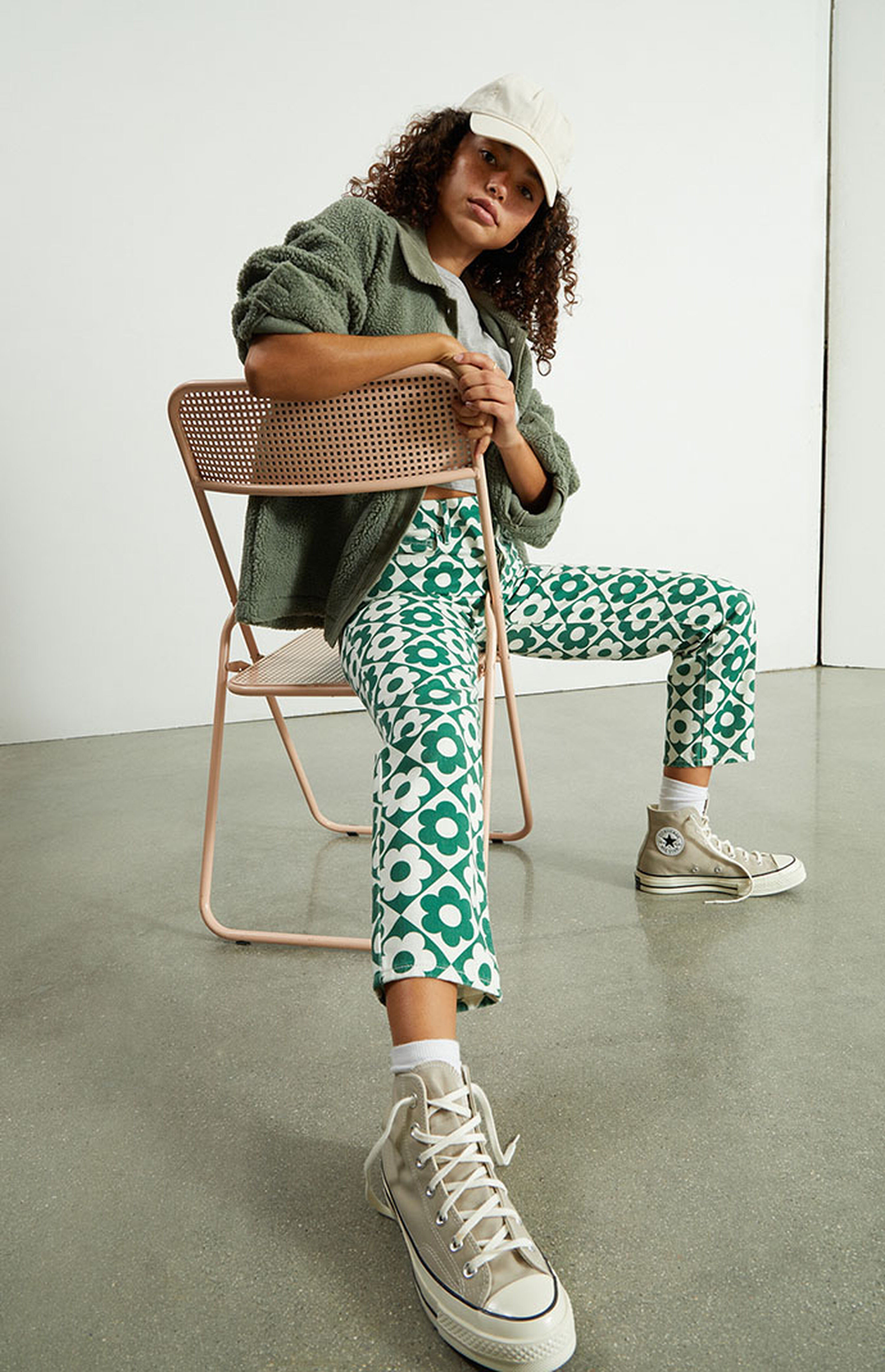 PacSun Green & White Daisy High Waisted Straight Leg Jeans | PacSun | PacSun