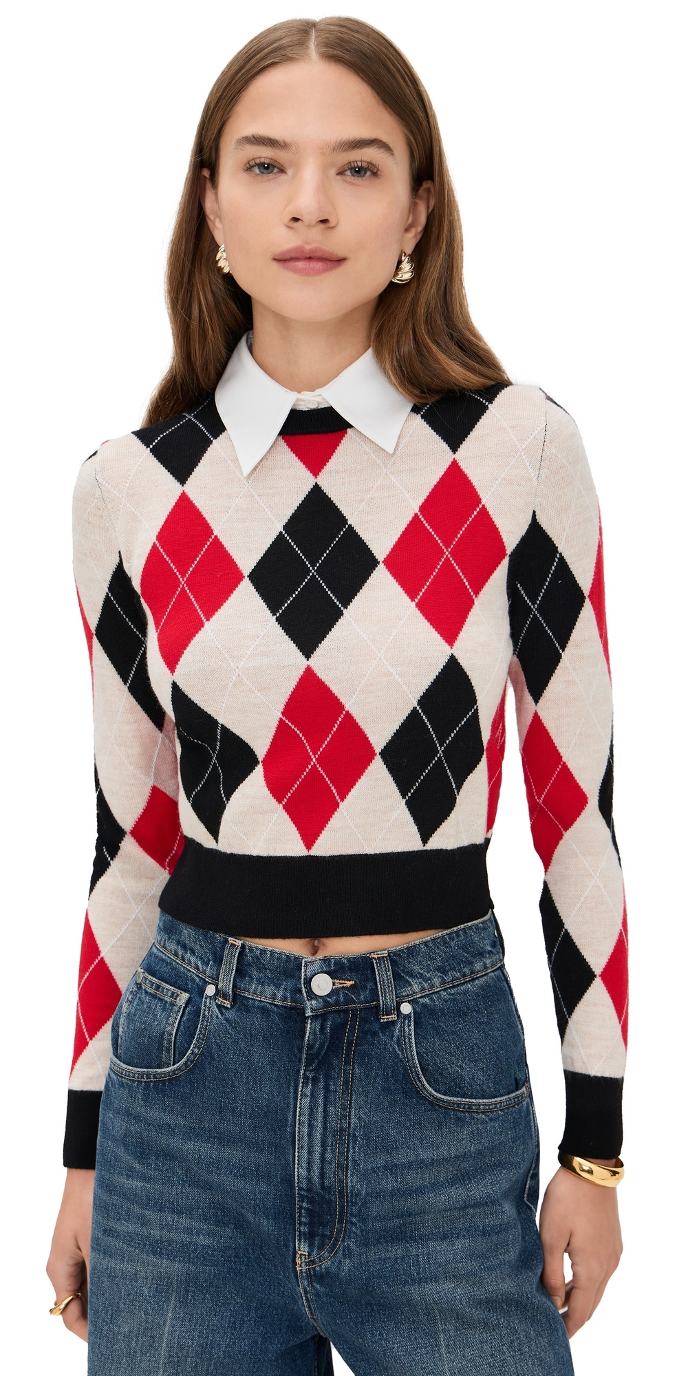alice + olivia Carolann Argyle Pullover With Woven Collar Oatmeal Htr/Black/Perfect Ruby S | Shopbop