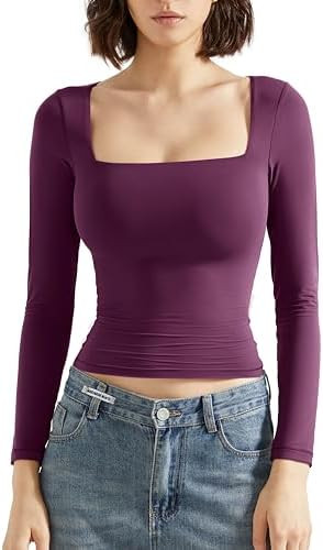 SUUKSESS Women Square Neck Long Sleeve Tops Double Lined Going Out T Shirts | Amazon (US)
