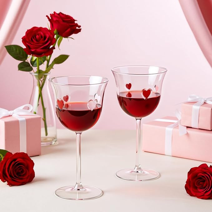 Set of 2 Valentine's Day Heart Shaped Wine Glasses with Stems, Clear Wedding Wine Glasses, Goblet... | Amazon (US)