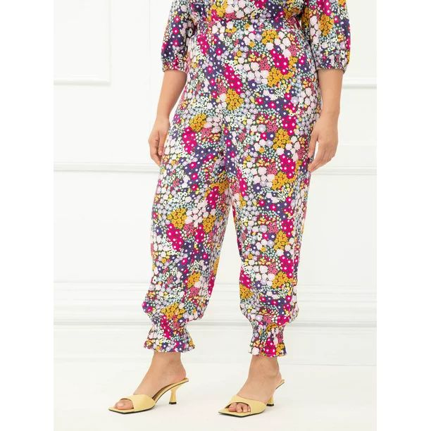 ELOQUII Elements Women's Plus Size Floral Print Jogger Pants with Flounce Hem | Walmart (US)