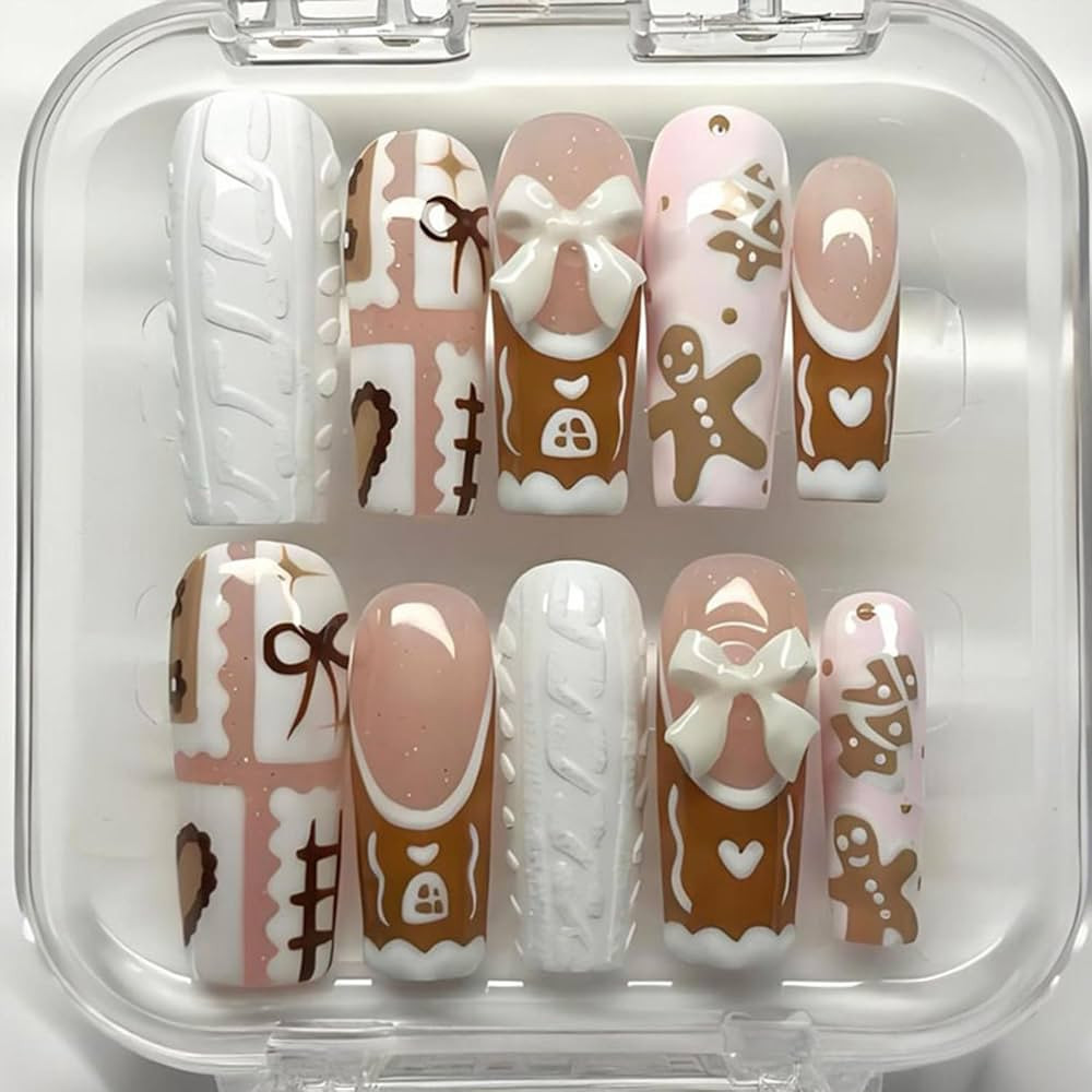 Long Square Christmas Press on Nails French Tip Fake Nails Winter Gingerbread Man Christmas Tree ... | Amazon (US)