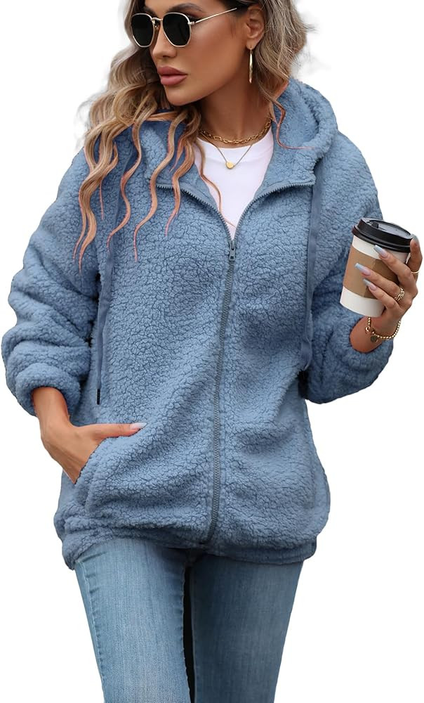 Womens Fleece Jacket Fall Winter Full Zip Sherpa Coat with Hood S-5XL | Amazon (US)