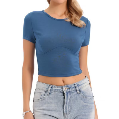 INSPIRE CHIC Crop Tops for Women's Short Sleeve Slim Fit Tees Casual Summer Basic T-Shirts X-Small Gray Blue | Target