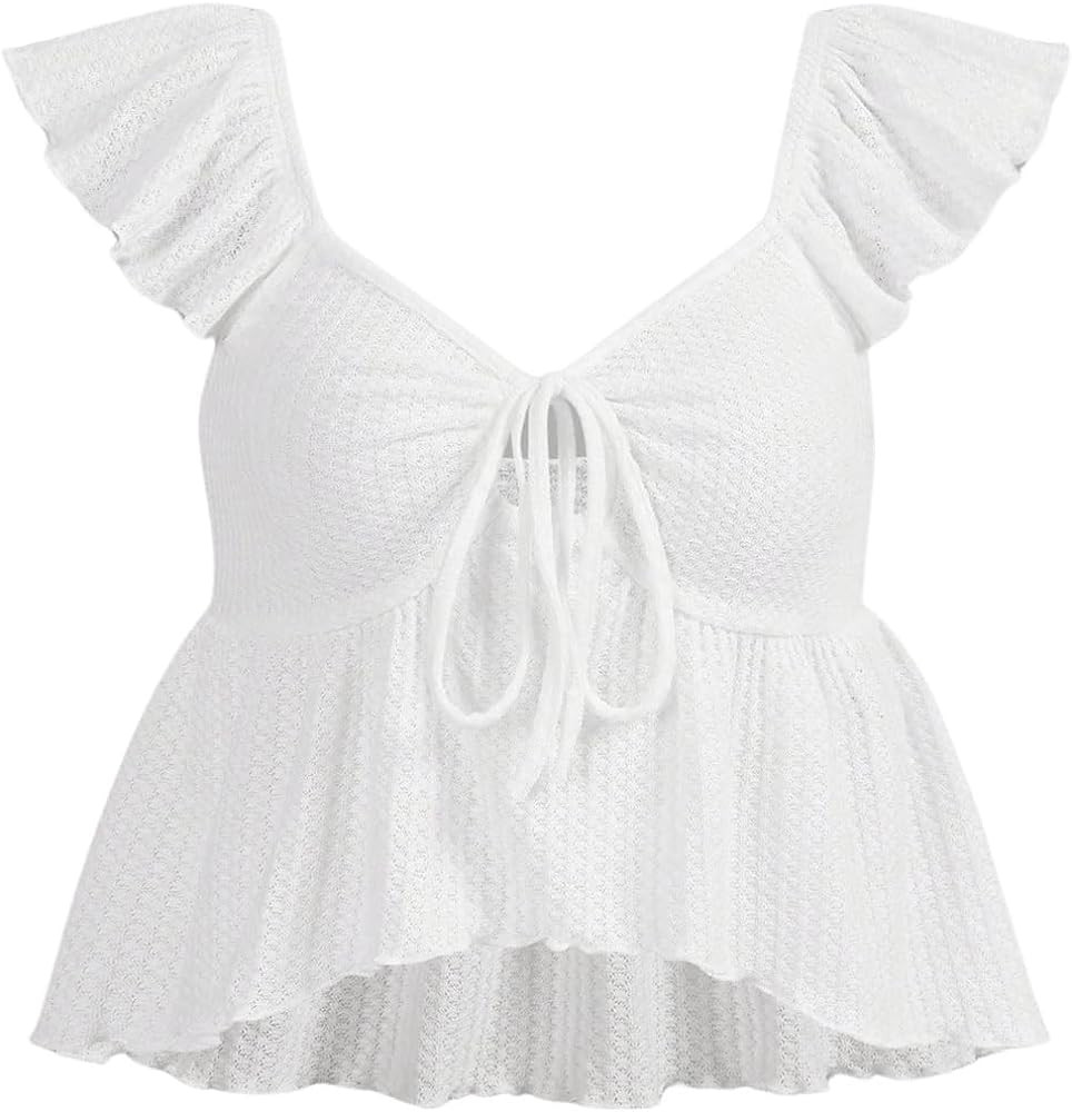Women's Knitted Cap Sleeve Flowy Ruffle Crop Tops Tie Front Sweetheart Neck Tees Shirts Y2K Top | Amazon (US)
