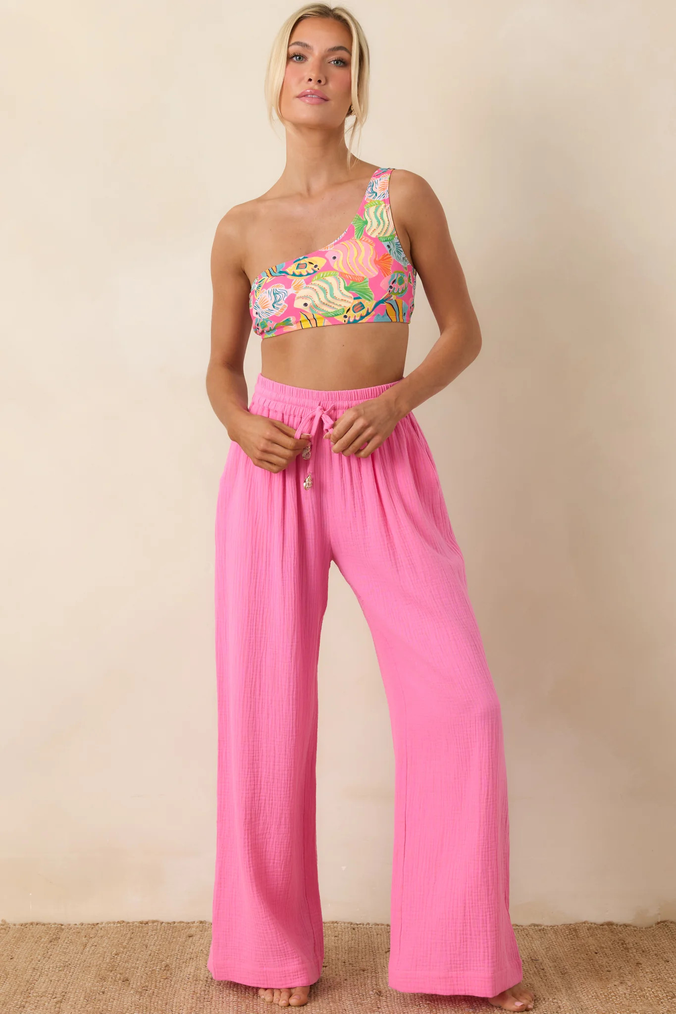 Paradisa Breezie Pink Multi Fish Print One-Shoulder Bikini Top | Red Dress