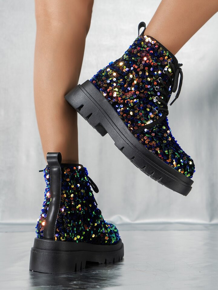 Women Sequin Decor Lace-up Front Boots, Punk Round Toe Mid Heel Combat Boots | SHEIN