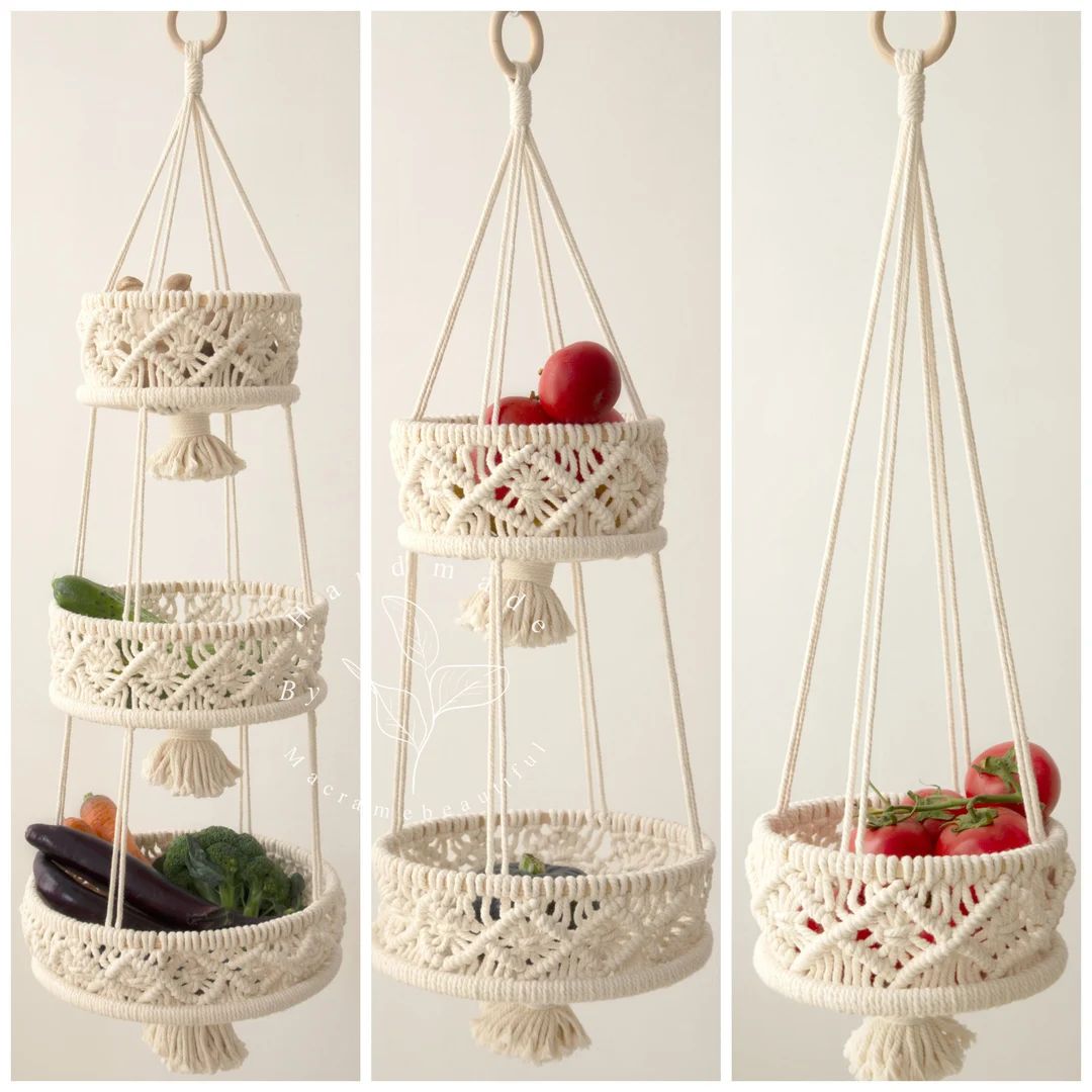 Hanging fruit basket, Vegetable hammock, Wall basket, Kitchen storage, Produce bag, Tiered plant ... | Etsy (US)