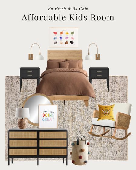 Neutral affordable kids room design with highly rated furniture and decor.
-
Wayfair sale - five star reviews - cane rocking chair - Amber Lewis Loloy rug - black Kane drawer dresser - affordable kids wall art - traditional neutral rug - brown duvet cover - etsy kids room - rustic round mirror - black nightstands, white wall sconces - kids color, chart, wall, art, pom-pom, laundry, basket, kids, velvet, tiger, pillow, kids, transitional room, design, moodboard, affordable, kids room, decor, kids, shiplap, bed, natural maple teen bedroom,  guestroom design - #wayday