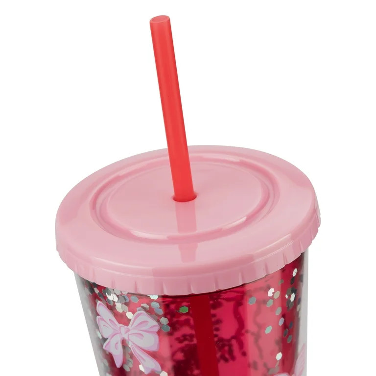 Sparkle Bows Plastic Tumbler with Straw and Lid, Pink and Red, 24 oz, Valentine's Day by Way To C... | Walmart (US)