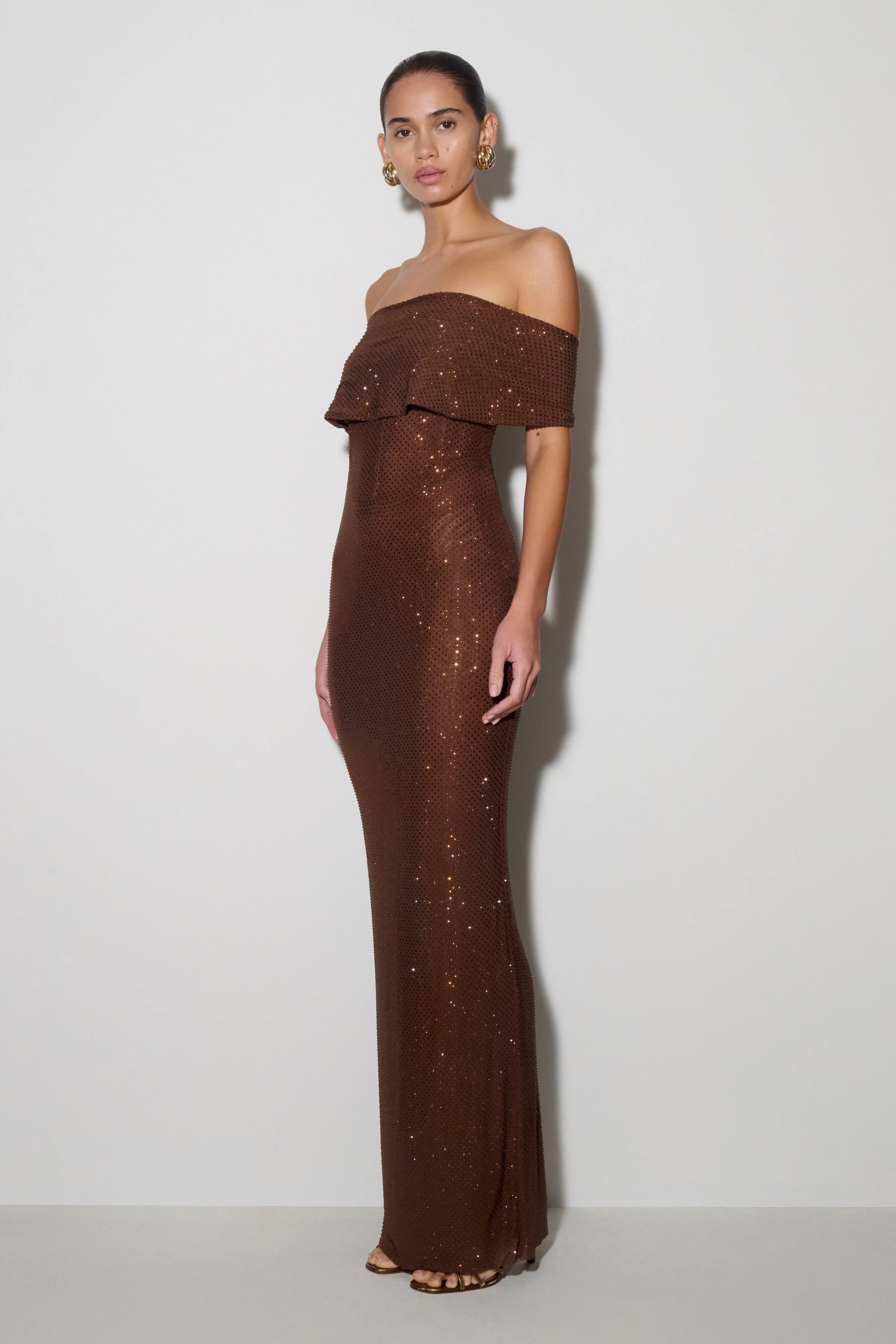 Phi Multi-Wear Cowl Diamante Maxi Dress - Chocolate | MESHKI US