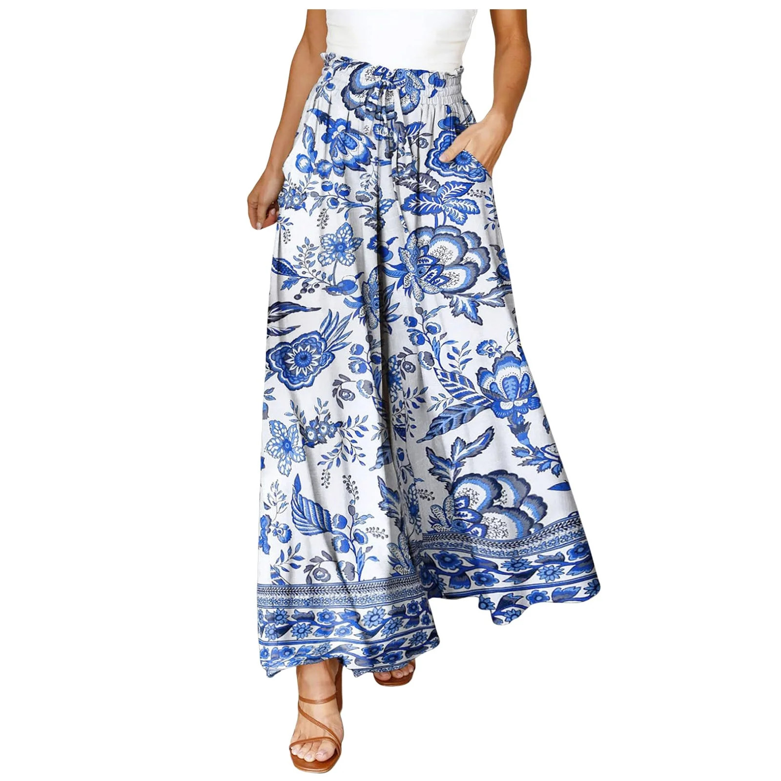 eileial Women Wide Leg Pants High Waisted Floral Boho Palazzo Culottes Casual Flowy Tie Knot Trou... | Walmart (US)