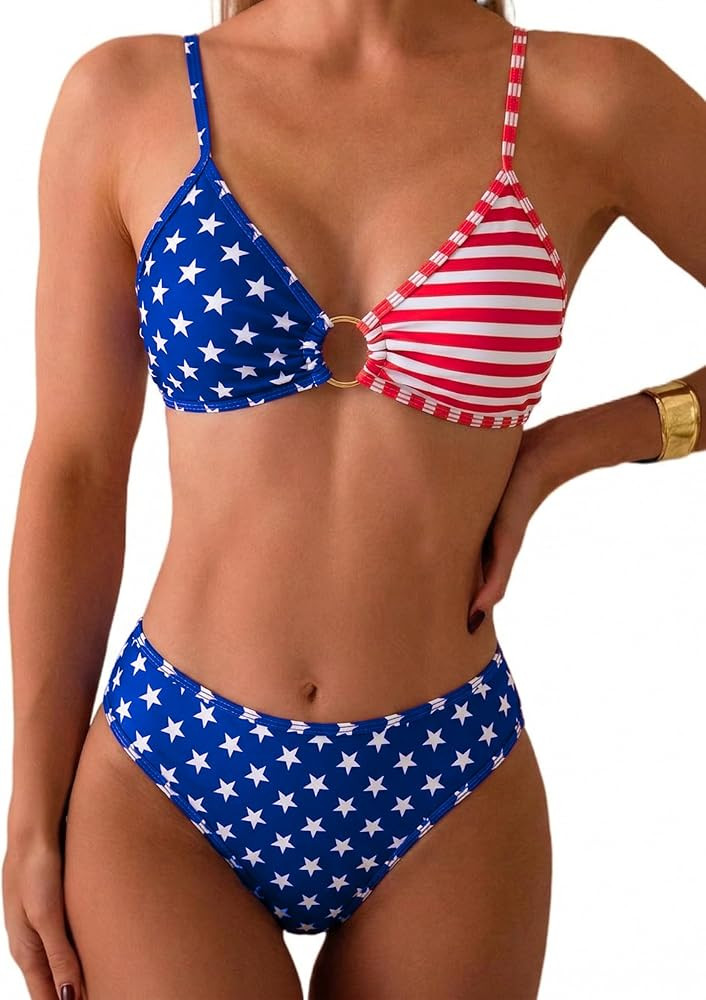 Tainehs Women's Two Piece Bikini Sets O Ring Front Top Ditsy Floral Triangle Swimsuits Cheeky Bat... | Amazon (US)