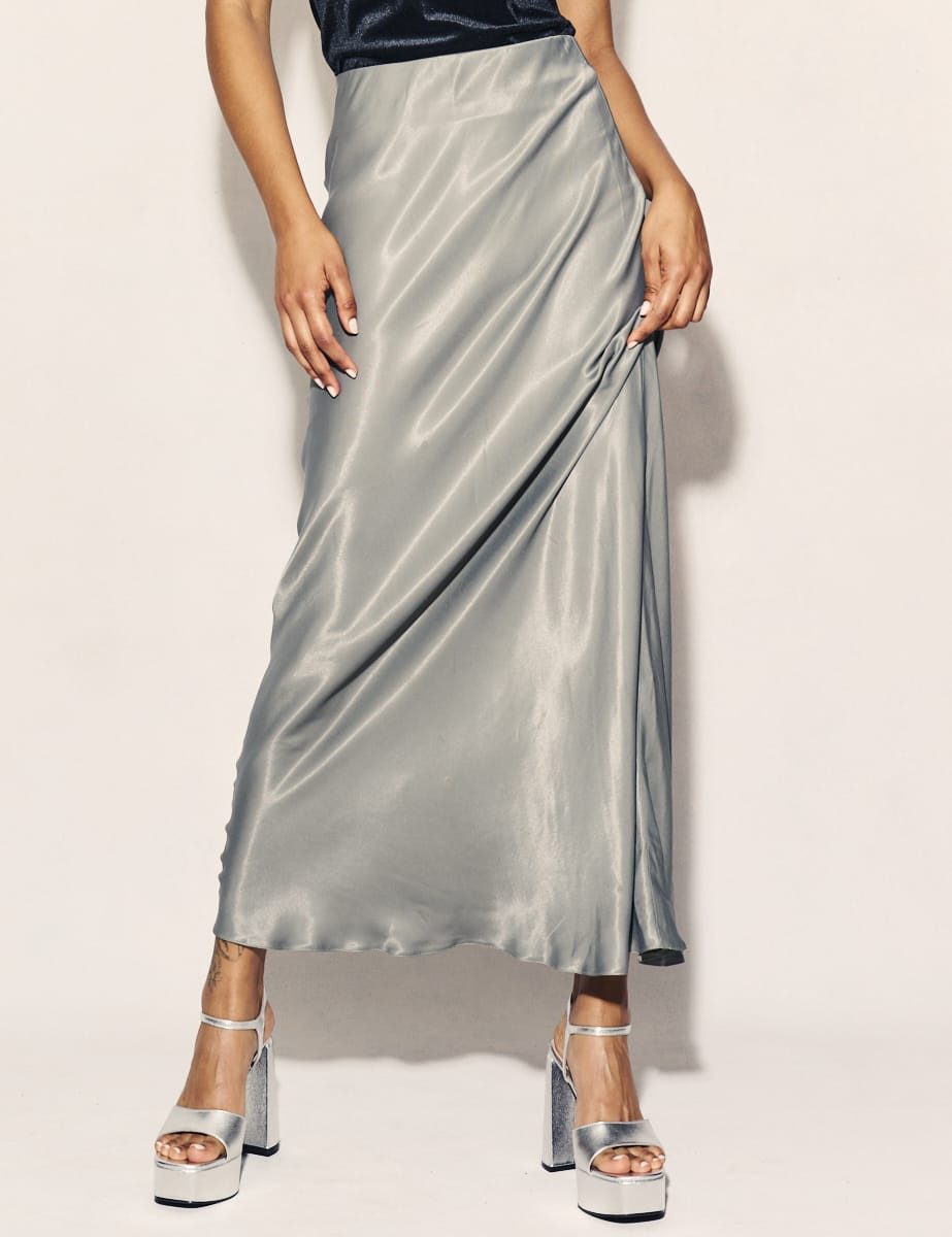 Silver Mila Satin Maxi Slip Skirt | Nobody's Child