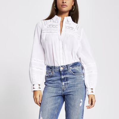 White long sleeve embroidered shirt | River Island (UK & IE)
