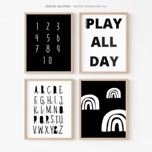 4 Set ABC 123 & Play All Day Black and White Kids Art | Etsy | Etsy (US)
