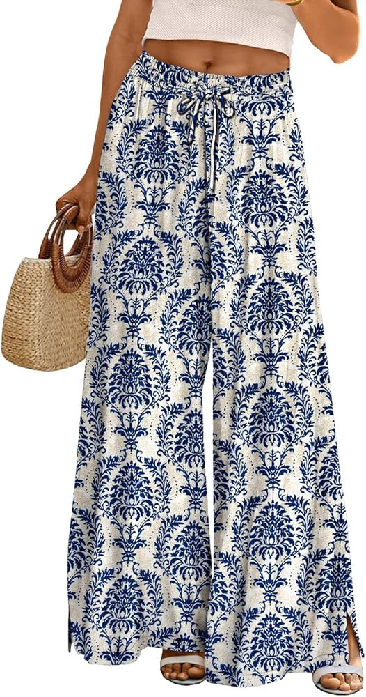 YESNO Women Summer Flowy Wide Leg Pants Drawstring Elastic Waist Casual Lounge Beach Palazzo Trou... | Amazon (US)