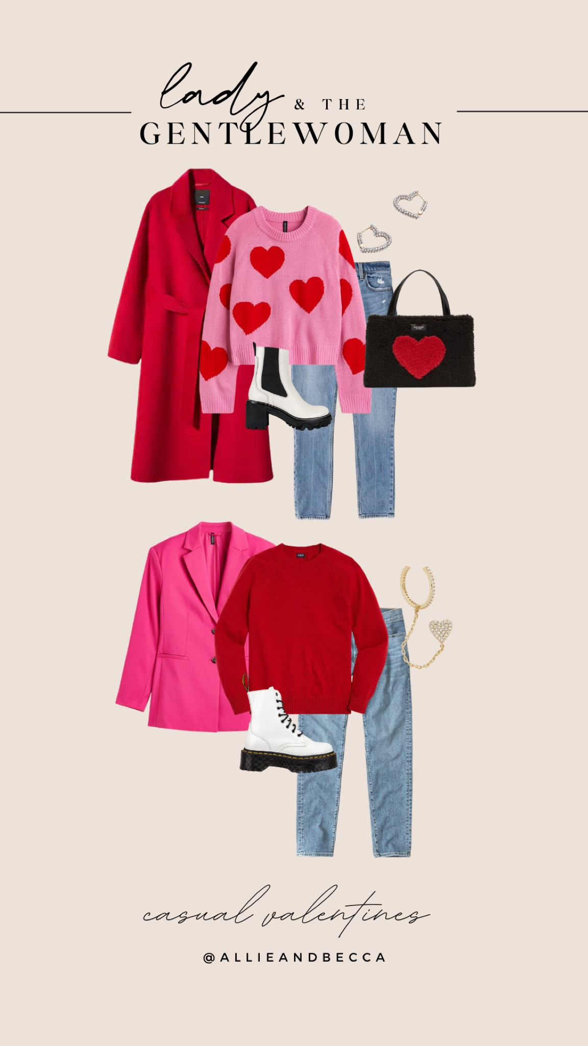 Casual valentines outfit idea / couples outfit / heart sweater / pink sweater / red coat / androgynous outfit

#LTKstyletip #LTKunder50 #LTKsalealert
