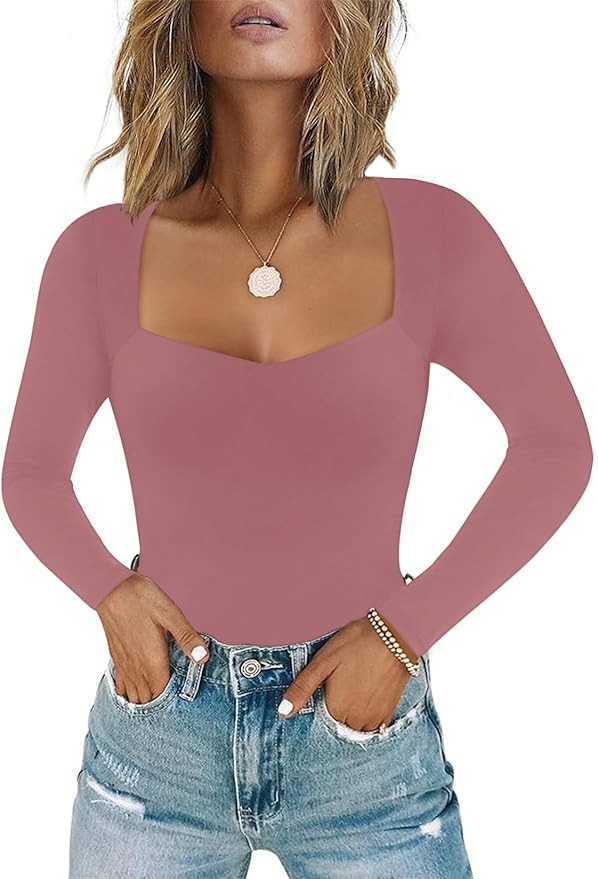 Chunpin Women's Sexy Square Neck Long Sleeve Bodysuit Double Lined Tops Thong Bodysuit | Amazon (US)