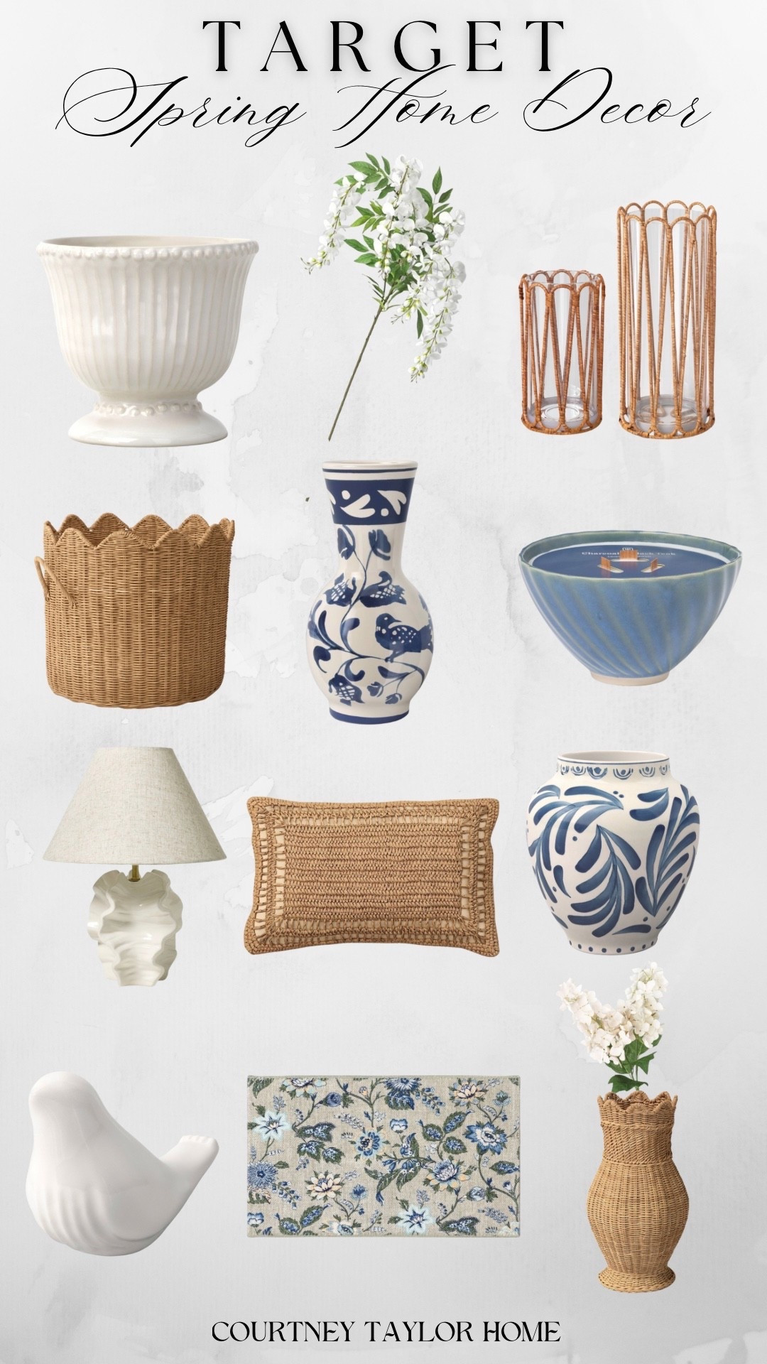 New spring home finds at Target! I’m loving all the blue & white, faux florals and light wicker that’s trending! 🤍