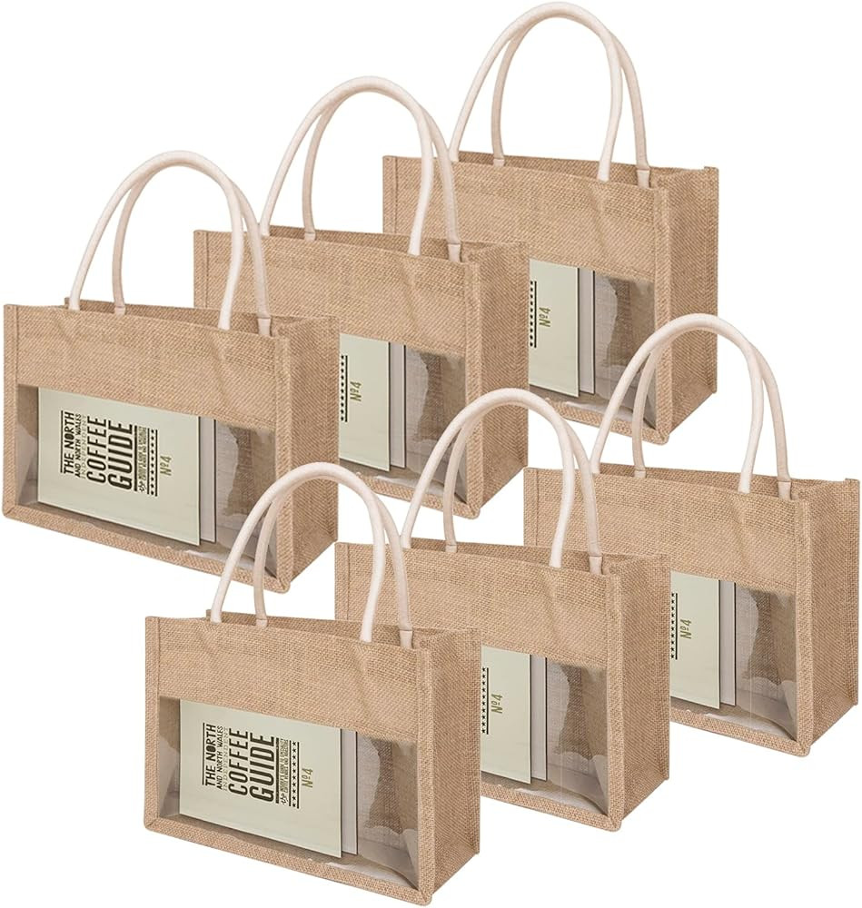 TopTie 6 PCS Burlap Tote with Transparent PVC Film Window, Jute Beach Tote Reusable Grocery Bags ... | Amazon (US)